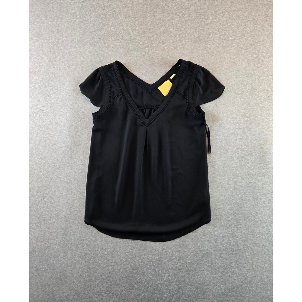 Maeve‎ Blouse Womens 2 Black V-Neck Pom-Pom Trim Flutter Sleeve OB378472 Minimal